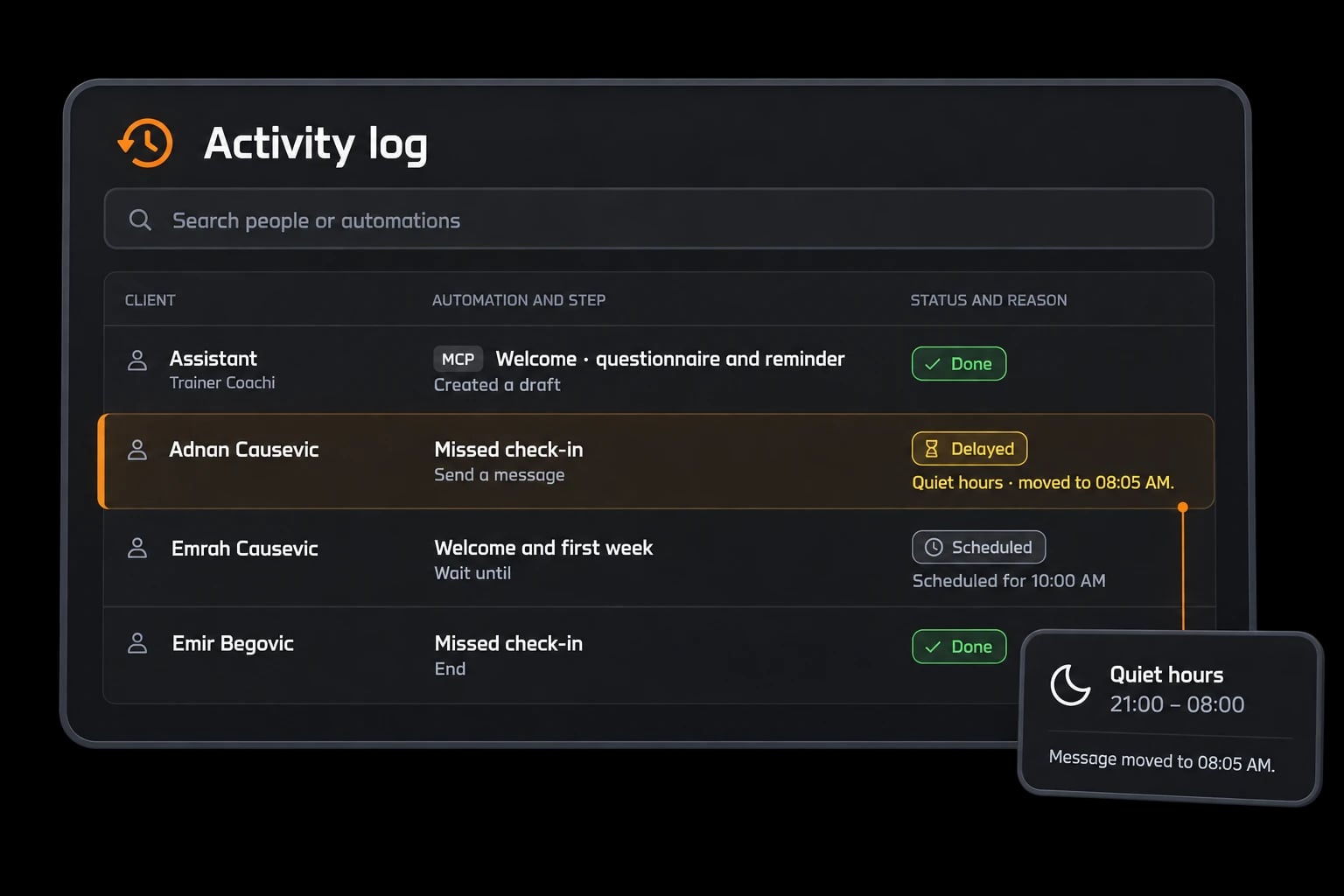 Automation activity log with Done, Delayed and Scheduled statuses and a quiet-hours explanation.