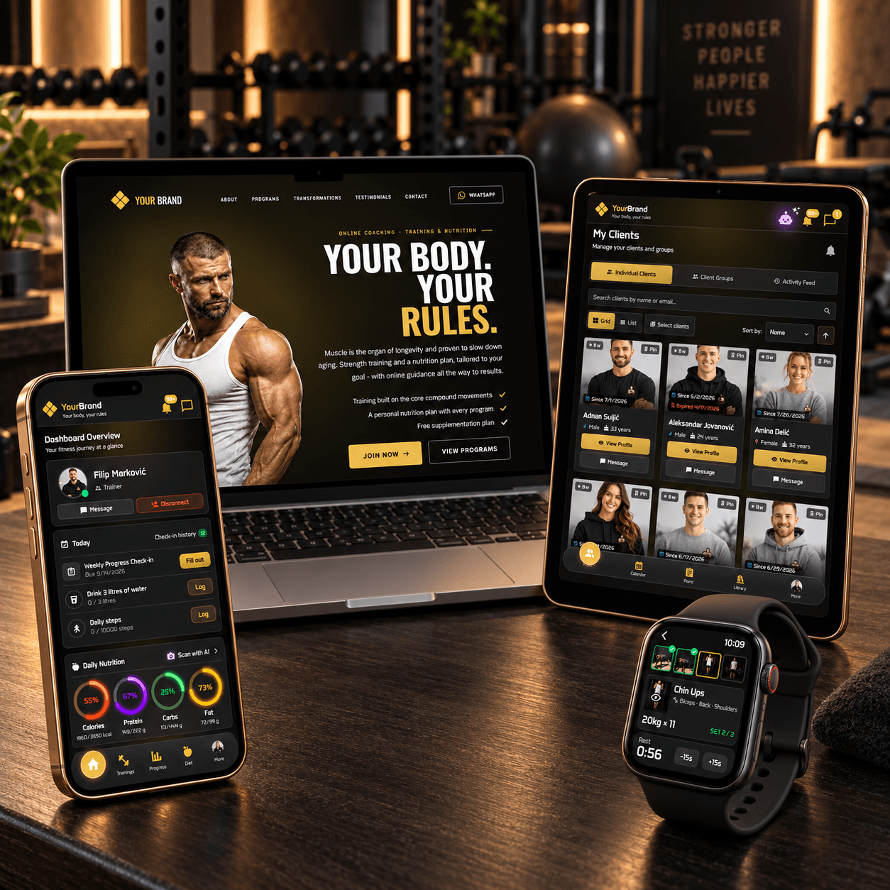 Trainera coaching platform on a phone, laptop, tablet and smartwatch