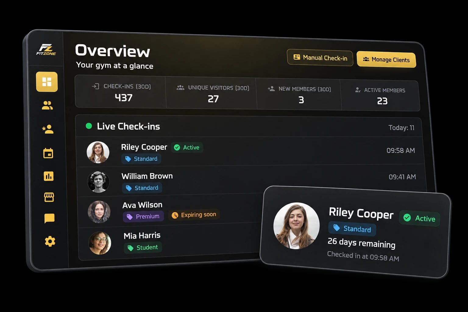 FitZone gym check-ins dashboard with an enlarged active membership detail.