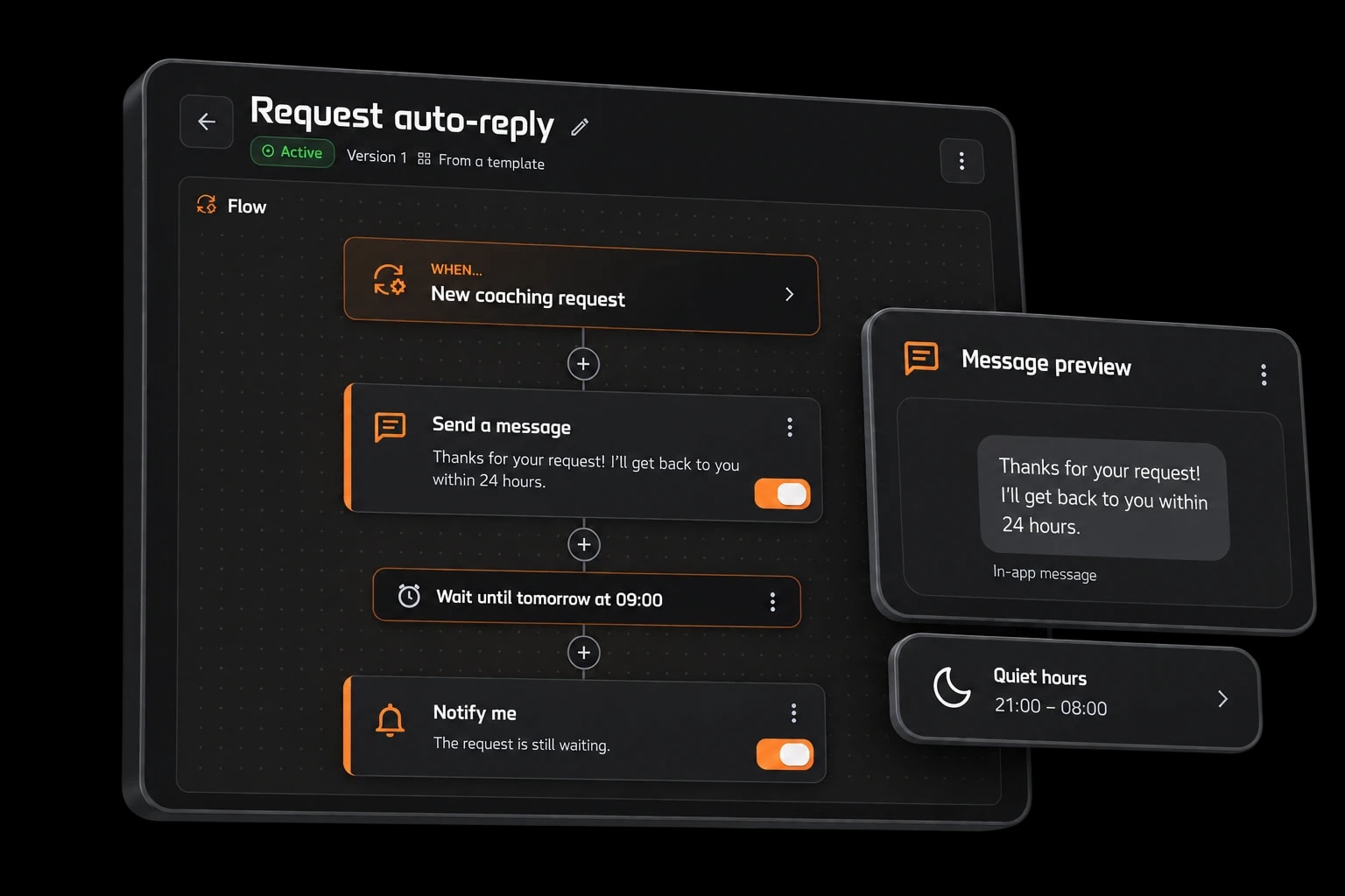 Request auto-reply automation with a message preview and quiet hours.