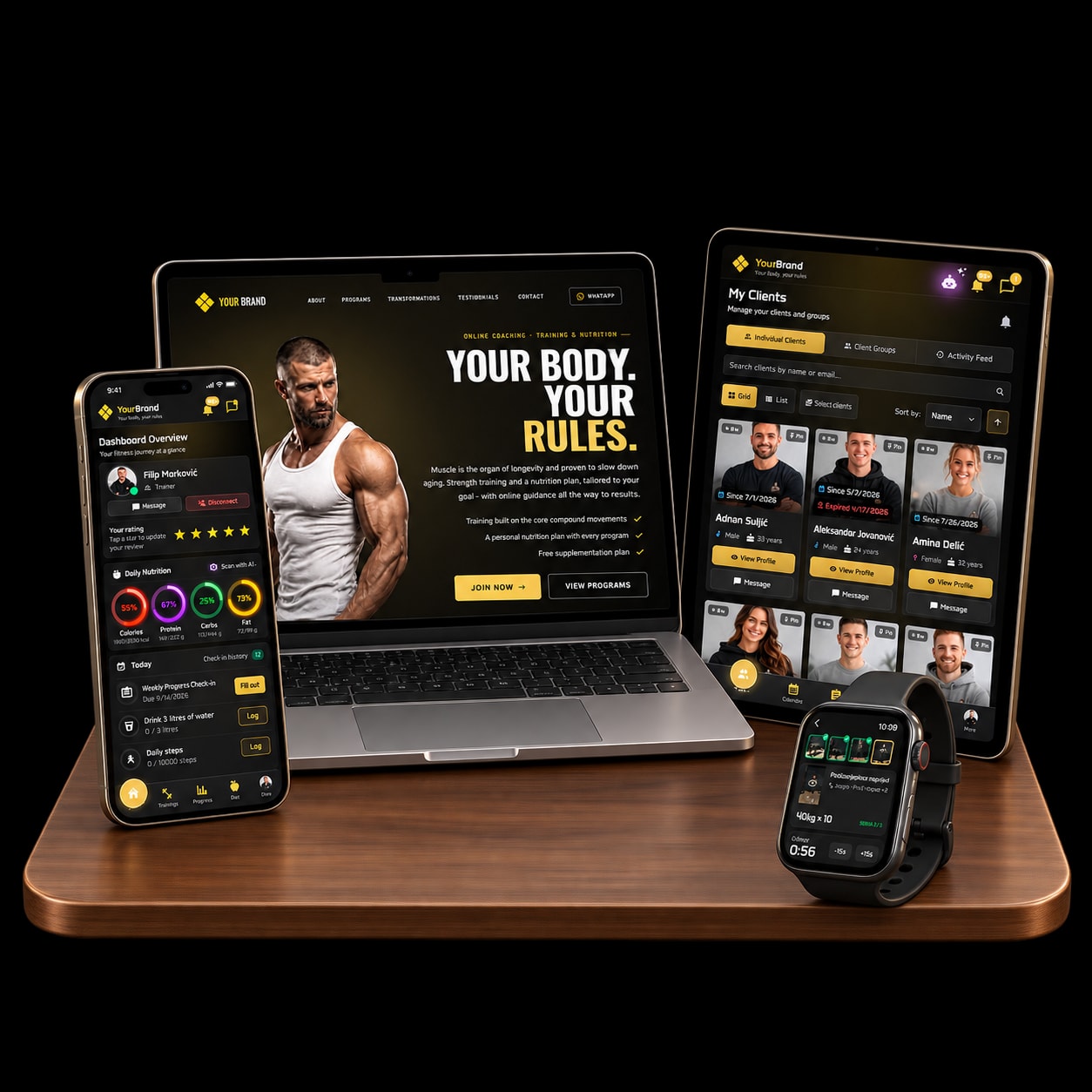 Trainera coaching platform on a phone, laptop, tablet and smartwatch