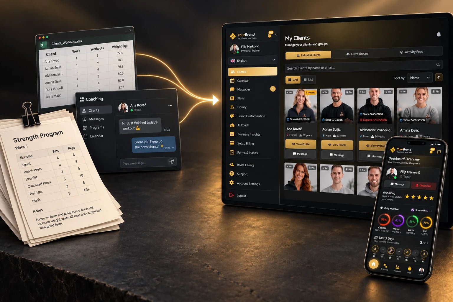 Chat, spreadsheets, PDF programs and an existing coaching app connect to Trainera's coach dashboard and client mobile app